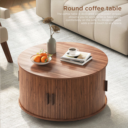 Round Coffee Table with Storage, 31.5" Modern Coffee Table with 360° Curved Sliding Door