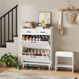 Slim Narrow Wooden Shoe Storage Cabinet, Large Oak Shoe Rack Organizer with 2 Flip Drawers & 2 Horizontal Drawers