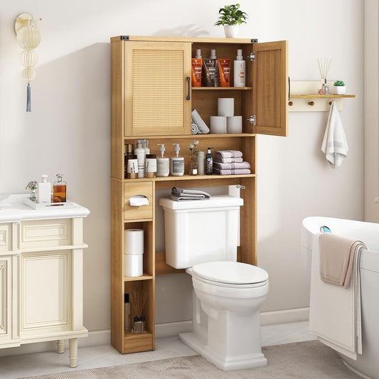 Farmhouse Over The Toilet Storage Cabinet with 2 Rattan Barn Doors
