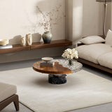 Modern Handmade Round Coffee Table with Solid Wood & Resin Inlay Tabletop (Glacier River Patchwork)