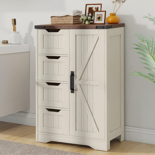 Farmhouse Bathroom Cabinet, White Freestanding Storage Cabinet with 4 Drawers and 1 Door