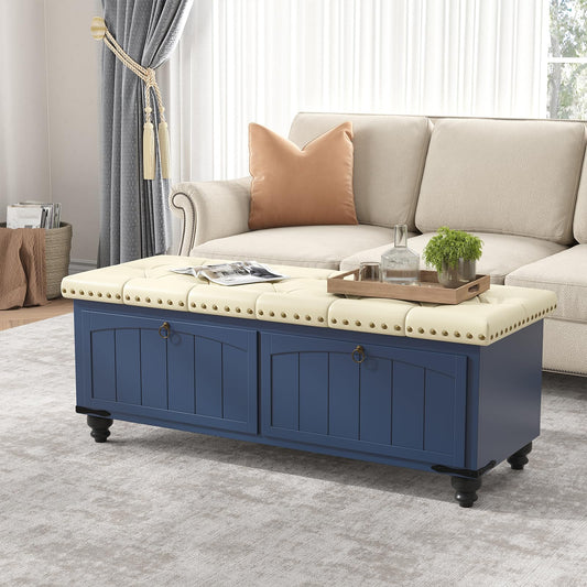 High-Quality Upholstered Storage Ottoman, Elegant Blue Bench with Wooden Frame & Safety Hinge