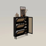 Modern Black Shoe Cabinet with Flip-Down Rattan Doors