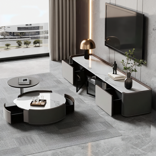 Mesa de centro redonda moderna con soporte para TV en color piedra gris