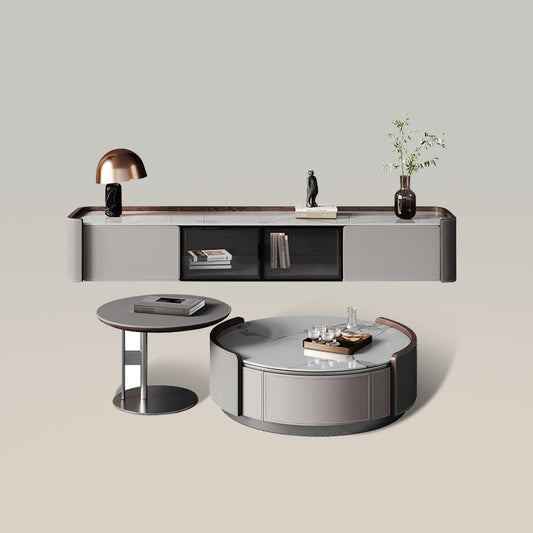 Mesa de centro redonda moderna con soporte para TV en color piedra gris