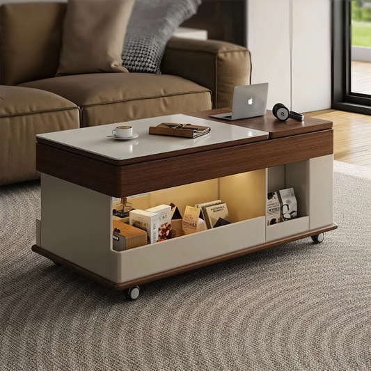 Mesa de centro moderna elevable y movible con espacio de almacenamiento