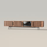 Soporte de TV curvo, moderno y elegante con panel en forma de onda