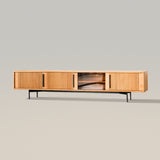 Soporte de TV curvo, moderno y elegante con panel en forma de onda
