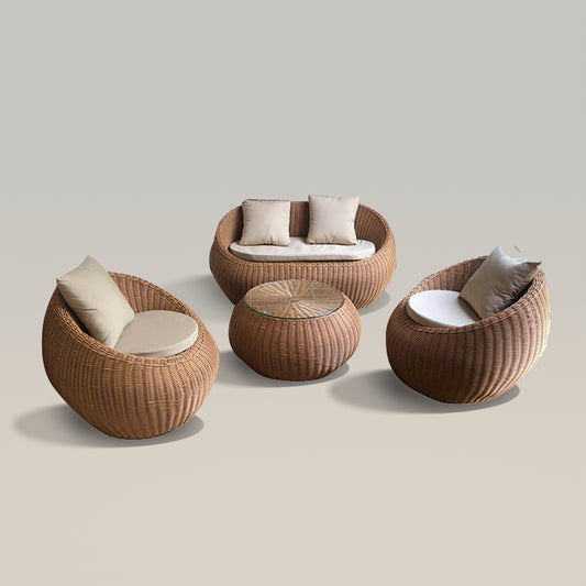 Silla de exterior de ratán tejido con forma de barril y asiento decorativo para patio