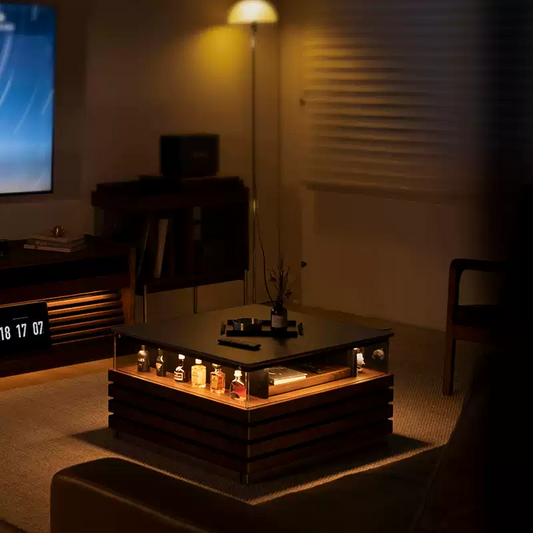 Mesa de centro moderna con armario de almacenamiento y luz