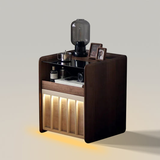 Mesita de noche moderna de madera con luces