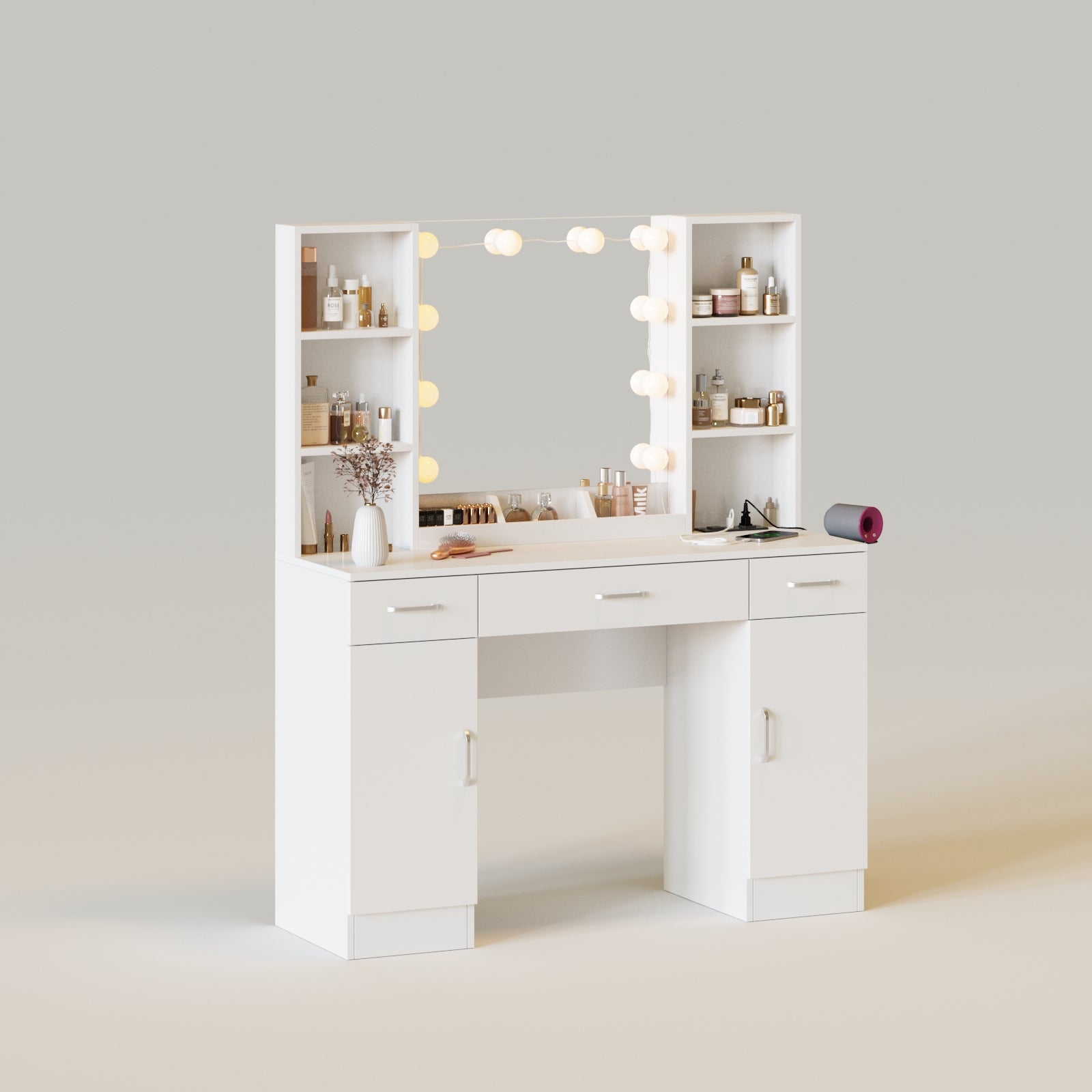 ladies vanity dressing table HOMESTOCK 7-Drawers White Makeup Vanity Sets Dressing Table Sets with Stool, Mirror, Light and Storage Space 19948HD
