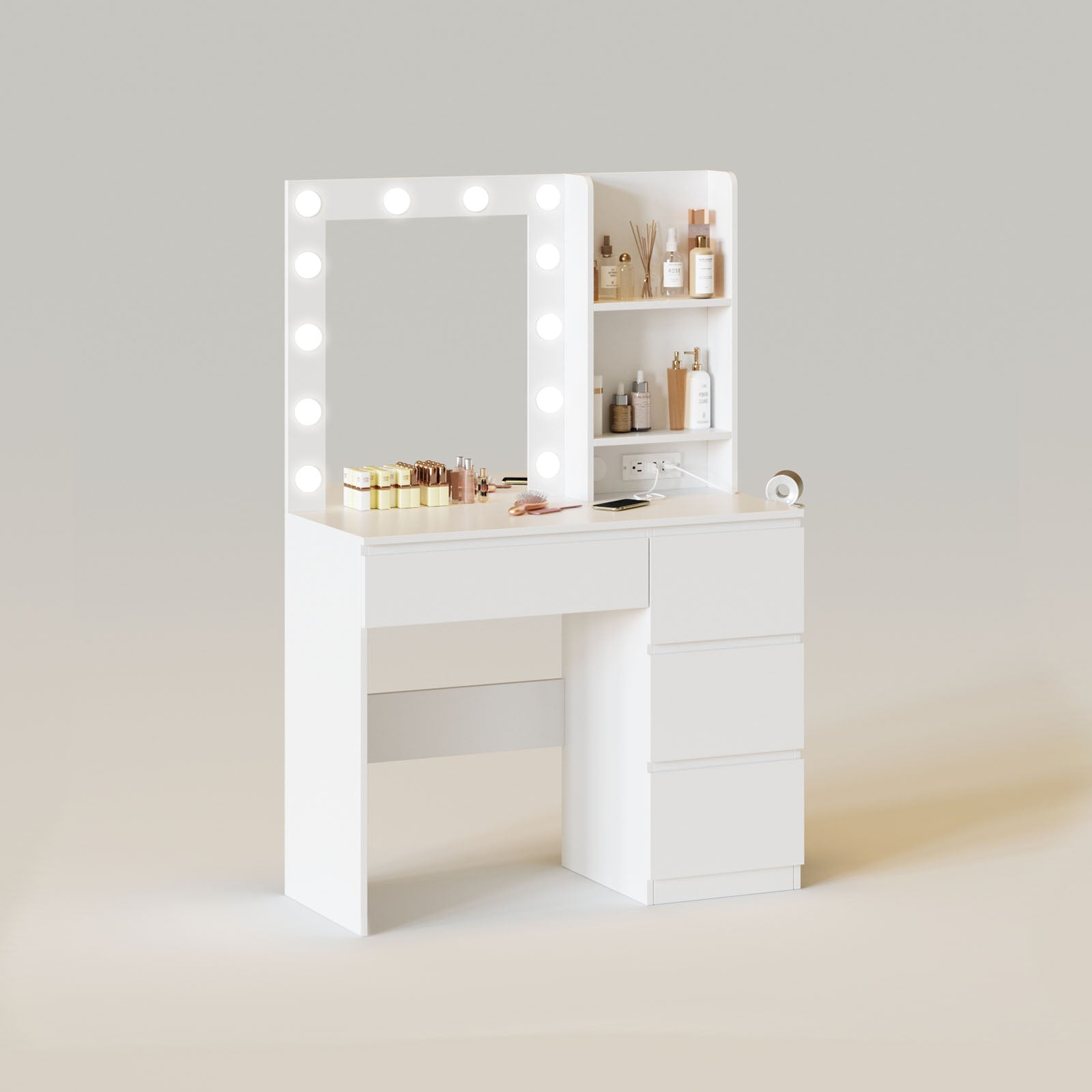 37in 4 Drawers Lighted Makeup Vanity Table, White with Power Strip 37in 4 Drawers Lighted Makeup Vanity Table, White with Power Strip