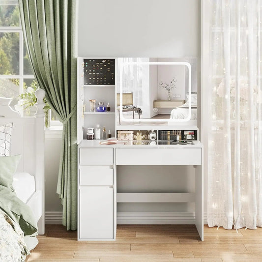 Makeup Vanity Desk with Glass Top And Power Outlet