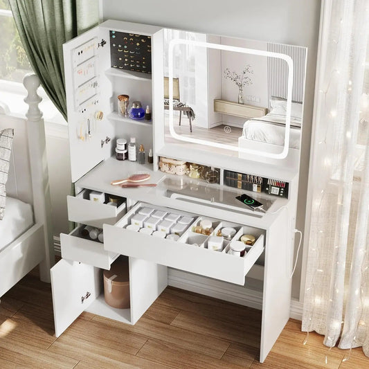 Makeup Vanity Desk with Glass Top And Power Outlet