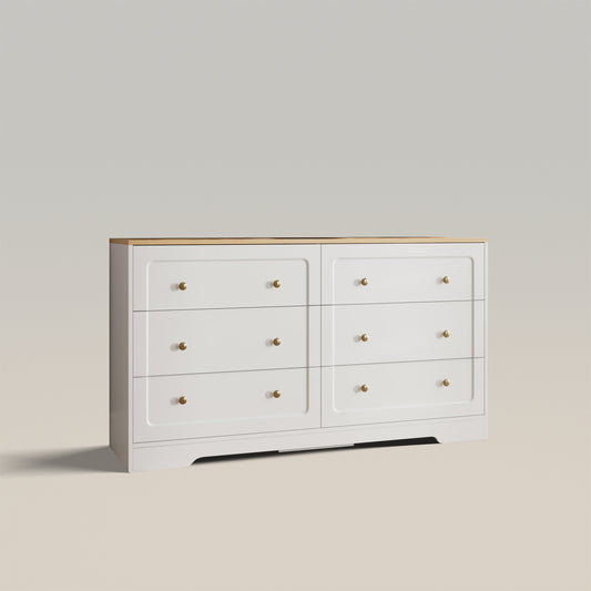Cómoda estilo granja de 6 cajones, armario de almacenamiento blanco con tiradores dorados