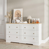 Cómoda estilo granja de 6 cajones, armario de almacenamiento blanco con tiradores dorados