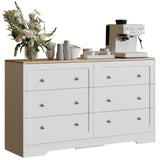 Cómoda estilo granja de 6 cajones, armario de almacenamiento blanco con tiradores dorados