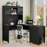 Vabches Farmhouse 68in H L Shaped Office Table with Hutch