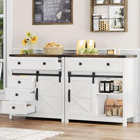 Farmhouse Storage Cabinet with Sliding Barn Door and 4 Drawers