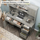 67in Farmhouse Executive Desk with Storage Cabinet and Charging Station