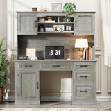67in Farmhouse Executive Desk with Storage Cabinet and Charging Station