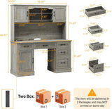 67in Farmhouse Executive Desk with Storage Cabinet and Charging Station