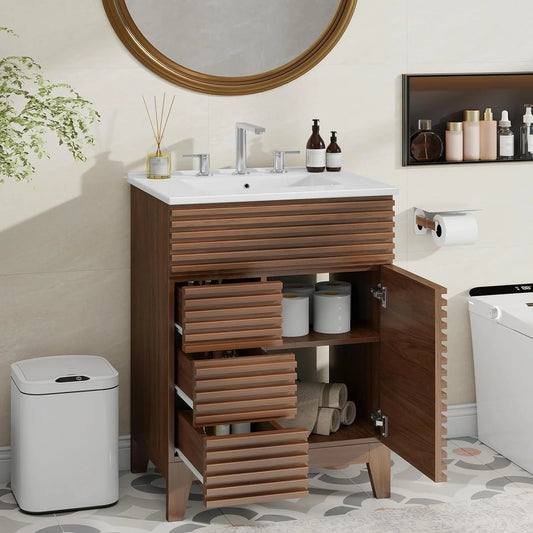 Vabches 36in Mid-Century Fluted Bathroom Storage Cabinet