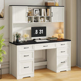 Vabches Farmhouse Executive Desk with 7 Drawers and Storage Cabinet