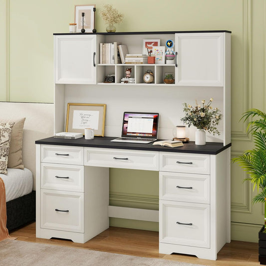 Vabches Farmhouse Executive Desk with 7 Drawers and Storage Cabinet