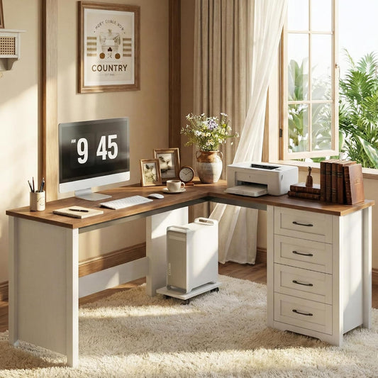 Vabches 61in Farmhouse L Shaped Executive Desk with Mobile CPU Stand