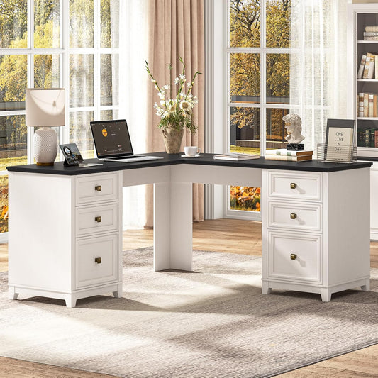 Vabches Farmhouse L Shaped Corner Executive Desk with 6 Drawers
