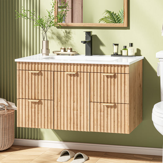 Vabches 30 Inch Fluted Bathroom Vanity with 4 Storage Darwers