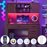 Vabches Farmhouse 67in Executive Desk with LED Light and Charging Station