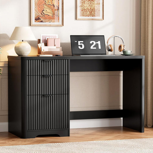 Fluted Computer Desk with Adjustable File Drawer for Home Office