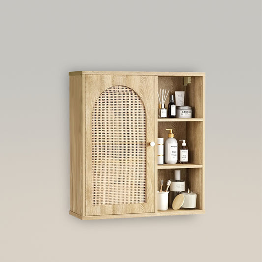 Mueble de baño de ratán estilo bohemio con puerta para almacenamiento en la pared