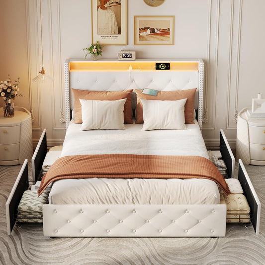 Estructura de cama con plataforma tapizada en terciopelo y luz LED