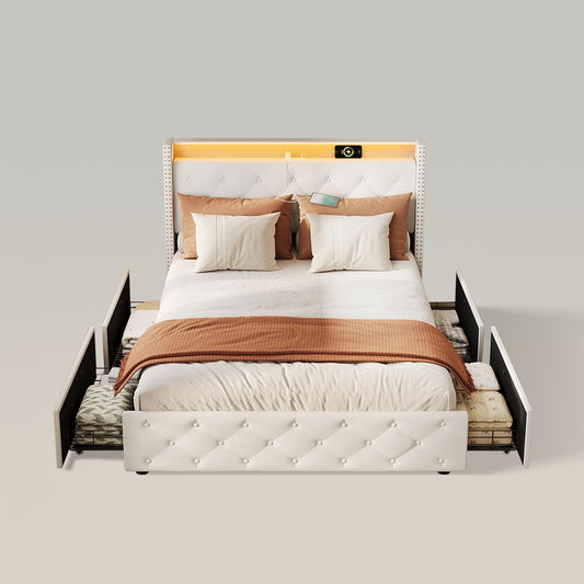 Estructura de cama con plataforma tapizada en terciopelo y luz LED