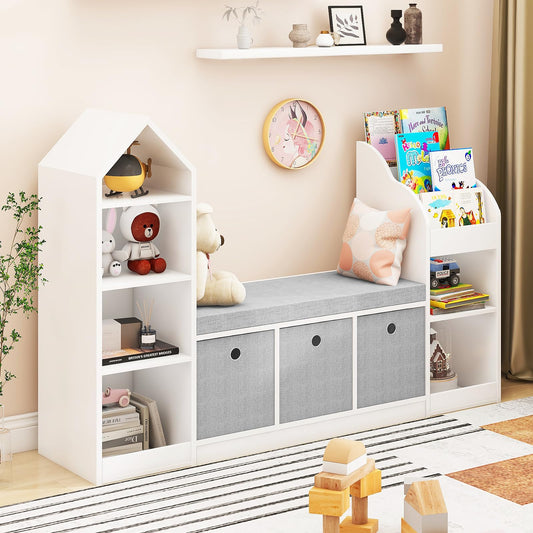 Organizador de juguetes para niños, estantería con rincón de lectura