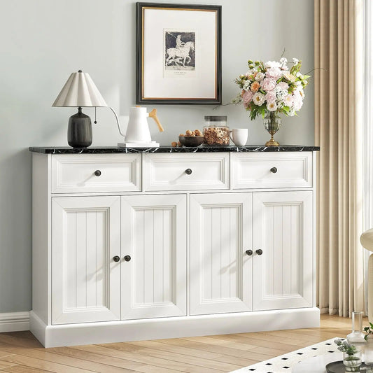 Mueble buffet de mesa con diseño de mármol y espacio de almacenamiento