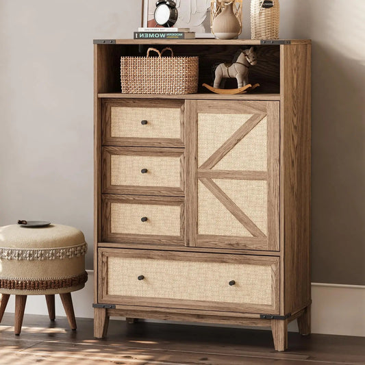 Cómoda de ratán con puertas corredizas estilo granero para dormitorio