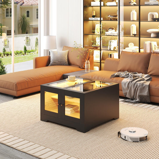 Mesa de centro cuadrada de madera negra moderna con luces LED y espacio de almacenamiento