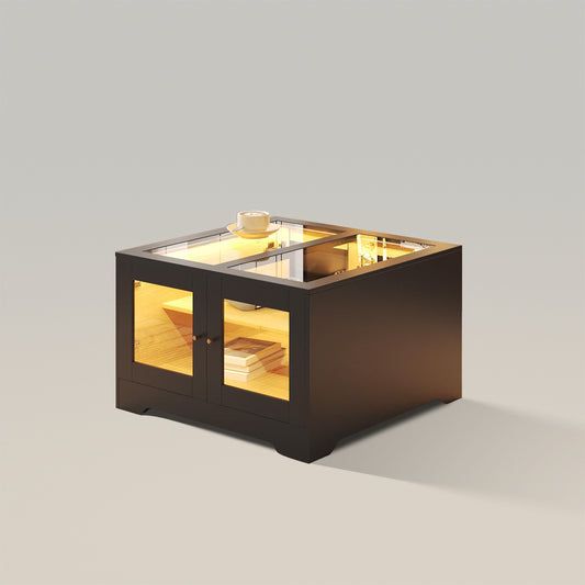 Mesa de centro cuadrada de madera negra moderna con luces LED y espacio de almacenamiento