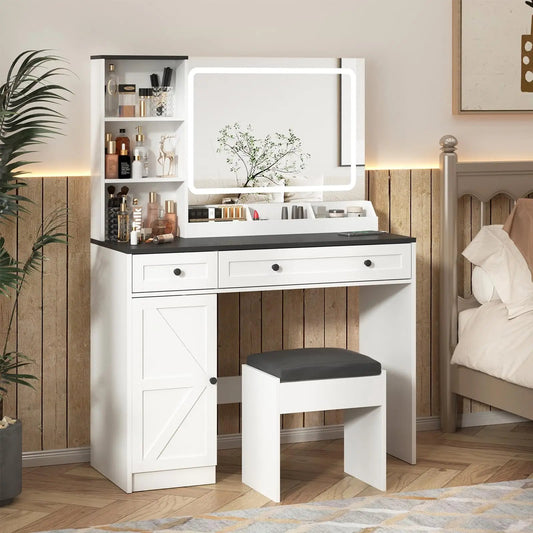Farmhouse Makeup Vanity Table Set with Light Mirror