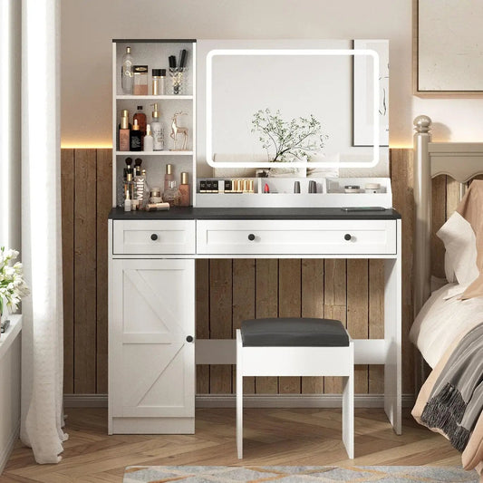 Farmhouse Makeup Vanity Table Set with Light Mirror