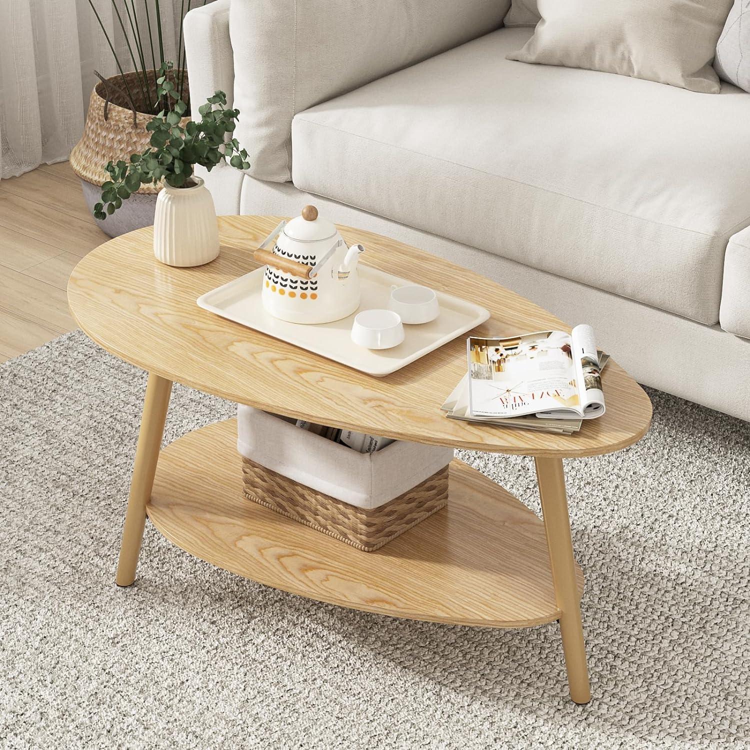 Oval wood coffee table with deals storage