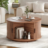 Round Coffee Table with Storage, 31.5" Modern Coffee Table with 360° Curved Sliding Door