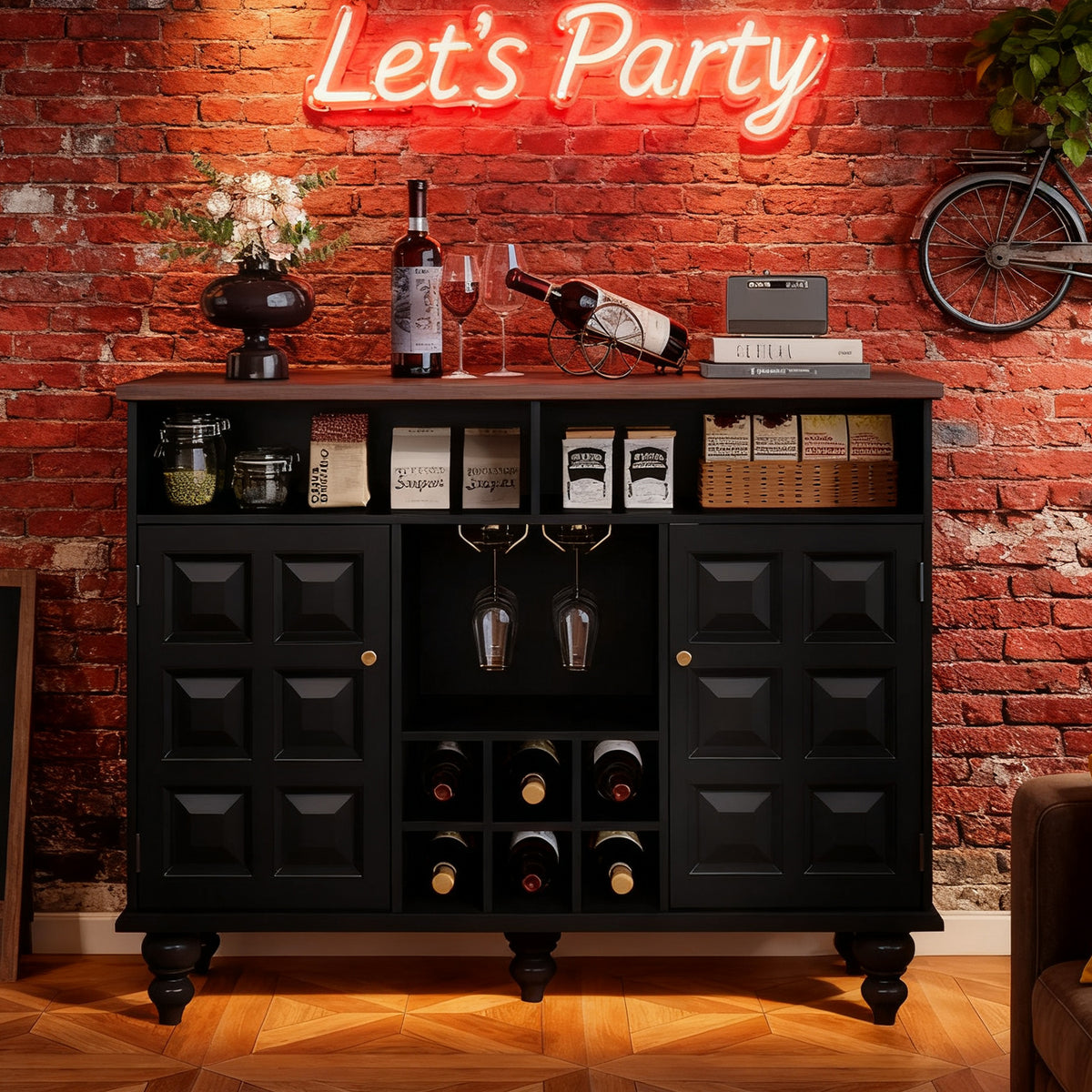 Mid Century Modern Black Wine Bar Cabinet with Storage, Liquor Cabinet with Wine Rack and Glass Holder