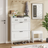 Slim Narrow Wooden Shoe Storage Cabinet, Large Oak Shoe Rack Organizer with 2 Flip Drawers & 2 Horizontal Drawers