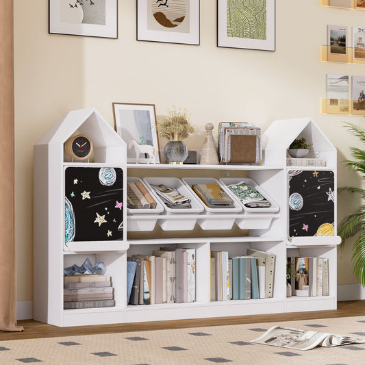 Castle Shape Bookcase with Blackboard, White Display Bookshelf and Storage Organizer Cabinet with Shelves
